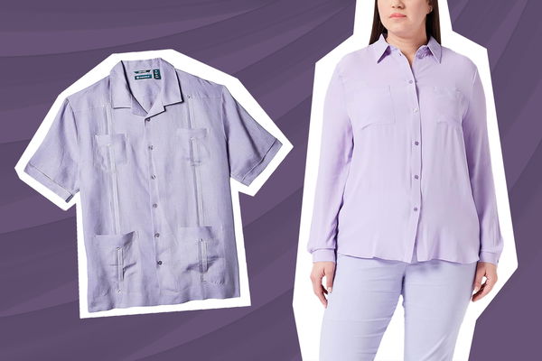 camicia donna lilla indossata e camicia uomo lilla non indossata con sfondo e grafica viola