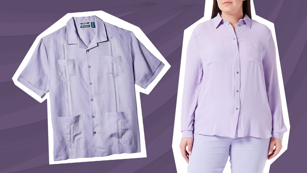 camicia donna lilla indossata e camicia uomo lilla non indossata con sfondo e grafica viola