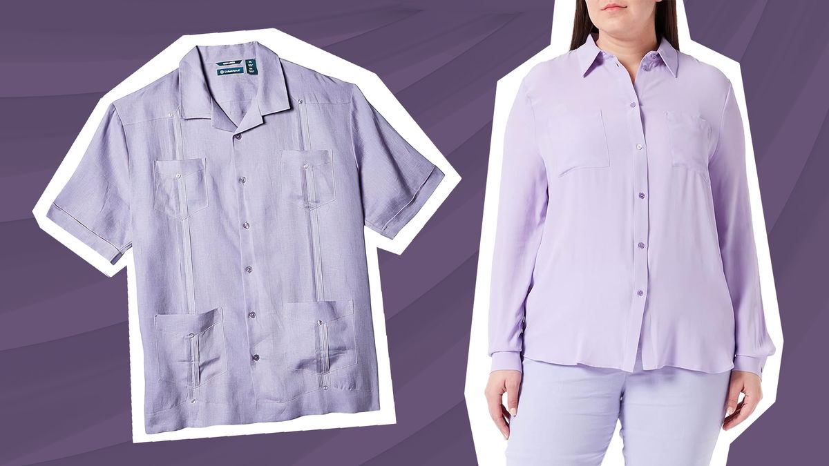 camicia donna lilla indossata e camicia uomo lilla non indossata con sfondo e grafica viola