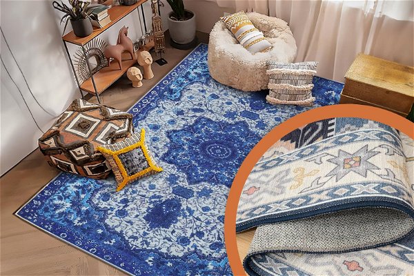 tappeti persiani blu con arredamento nello sfondo e zoom sul retro del tappeto antiscivolo