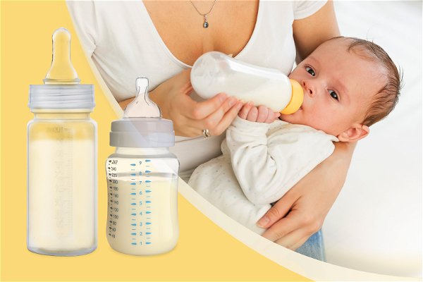 mamma che da il biberon con il latte al figlio in ospedale e primo piano dei migliori biberon usa e getta con sfondo giallo