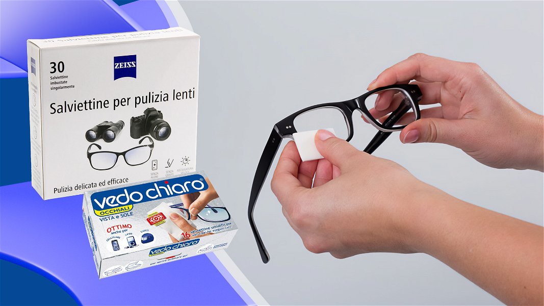 salviette occhiali prodotti a sinistra e in uso a destra