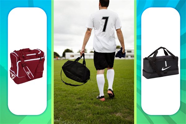 Foto di borse calcio con scomparto rigido e foto di calciatore con borsa nelle mani