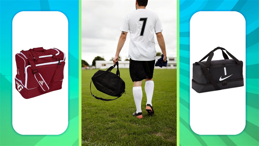 Foto di borse calcio con scomparto rigido e foto di calciatore con borsa nelle mani
