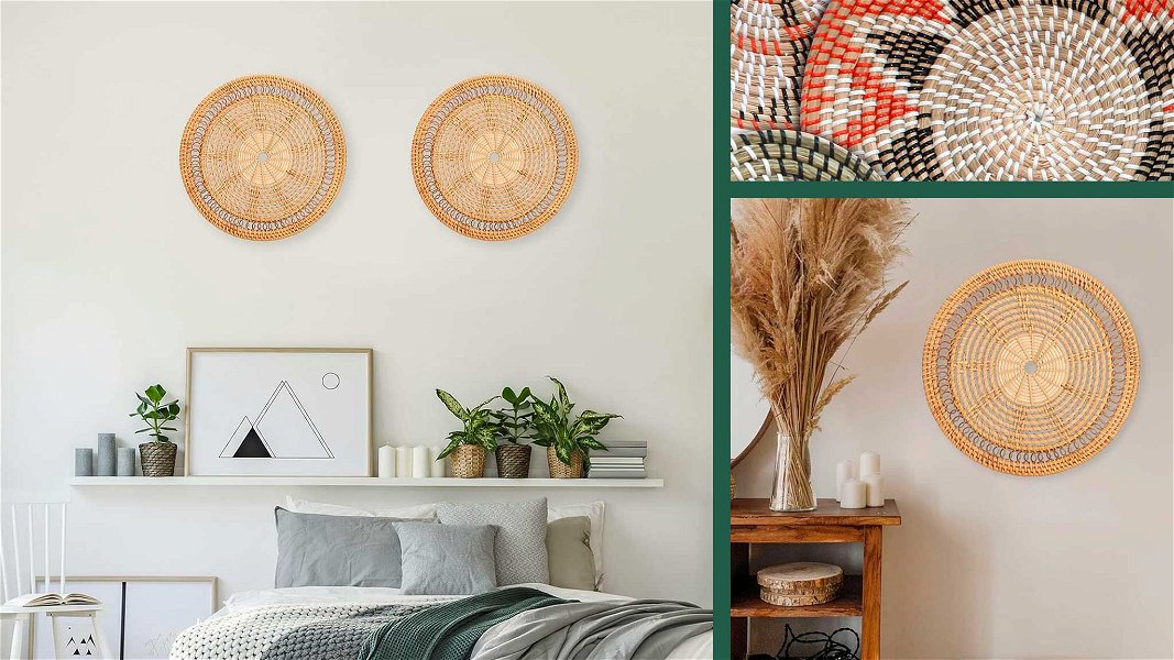 collage foto con piatti di paglia decorativi da parete