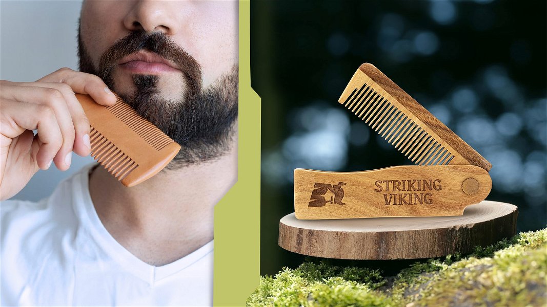 pettine per la barba in legno con grafica verde chiaro
