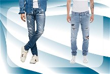 jeans strappati uomo indossati con grafica di sfondo sulle tonalità del blu-bianco