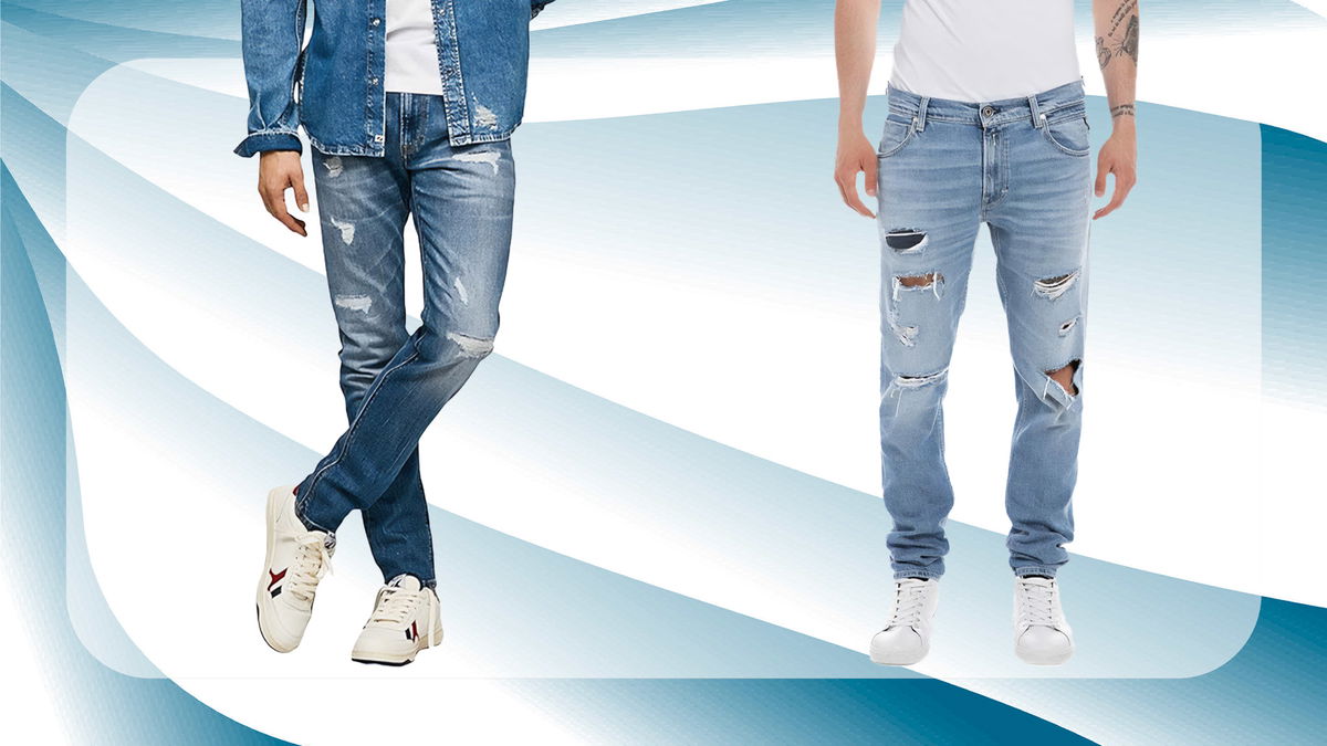 jeans strappati uomo indossati con grafica di sfondo sulle tonalità del blu-bianco