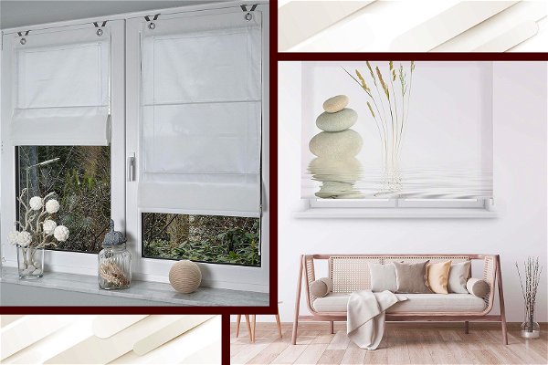 Foto di due ambienti con tende a pacchetto per finestre