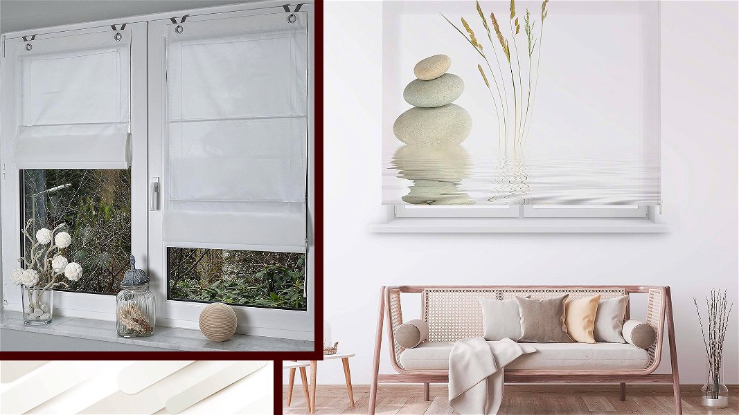 Foto di due ambienti con tende a pacchetto per finestre