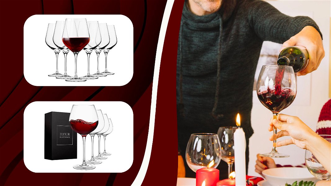 Foto di calici di vino rosso e foto di uomo che versa il vino nel calice