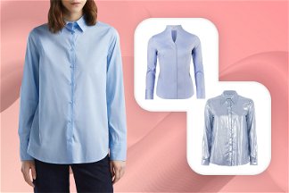 migliori camicie azzurre donna con sfondo grafico 3d sfumato sul rosa