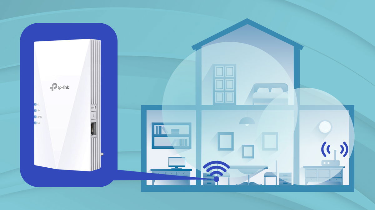 illustrazione di una casa con vista interna e in primo piano ripetitore wifi con sfondo grafico sotto