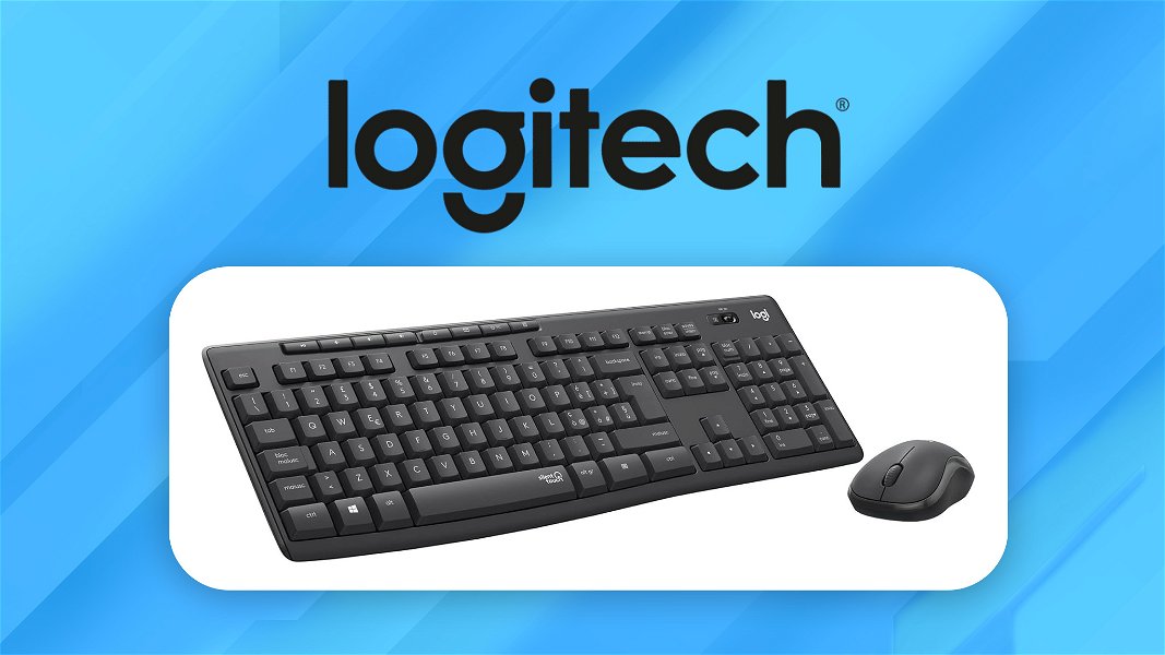 logitech kit mouse e tastiera wireless con sfondo grafico sfumato sulle tonalità del celeste e con logo logitech in alto grande