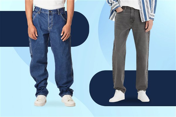 uomini che indossano i migliori jeans larghi con sfondo grafico sfumato celeste