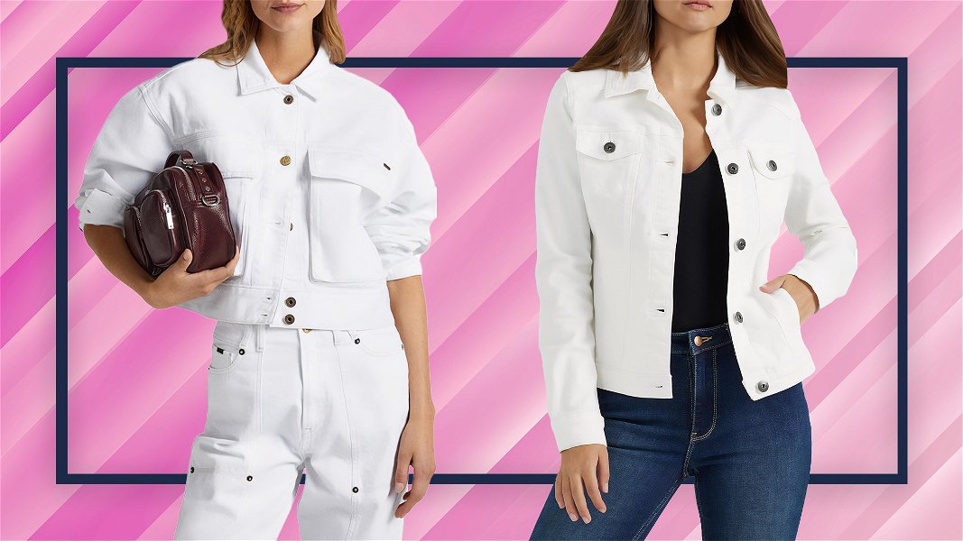 due donne che indossano giacca di jeans bianca con sfondo grafico sfumato con tonalità primaverili