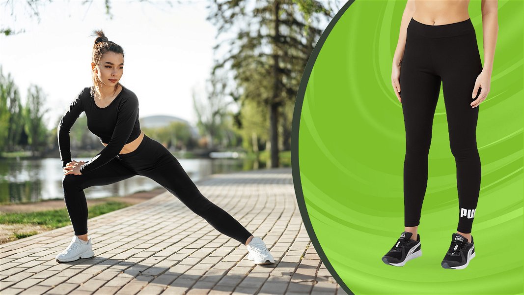 ragazza che si allena indossando leggins neri sportivi di sfondo e ragazza che sta in piedi mostrando leggins sportivo con grafica verde sotto