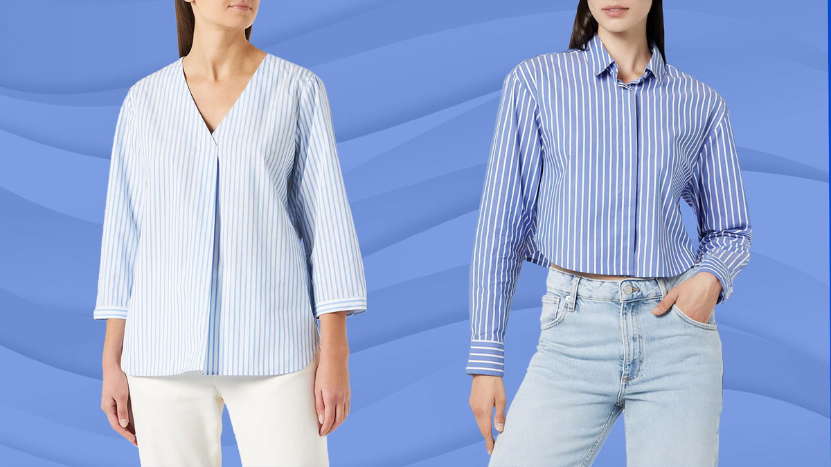 donne che indossano camicia a righe bianche e blu con grafica azzurra di sfondo