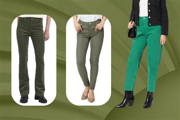 migliori jeans verdi donna indossati e non e con sfondo grafico verde militare 