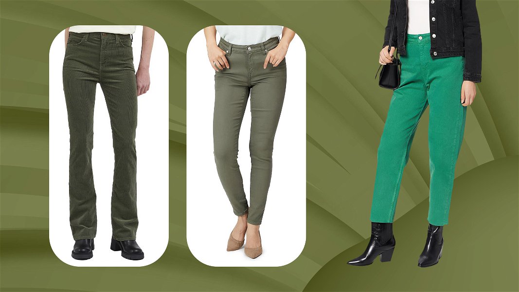 migliori jeans verdi donna indossati e non e con sfondo grafico verde militare 