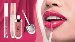 primo piano lip gloss glitter di marca in tendenza sulla sinistra e ragazza che si mette il lip gloss glitterato rosa sulla destra 