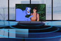 soundbar tv che trasmette con delle onde sonore grafiche i suoni del cartone aladin della disney