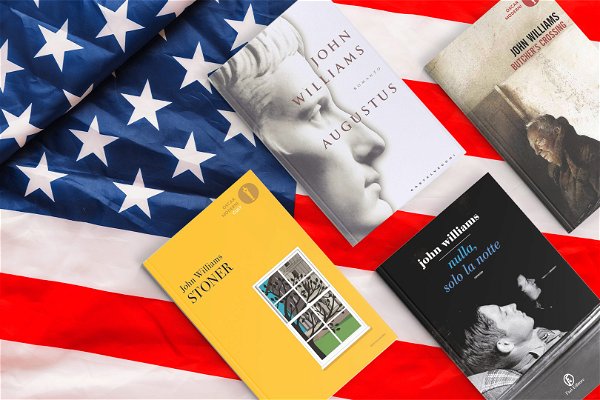 quattro libri di john edward williams visti dall'alto con bandiera americana di sfondo