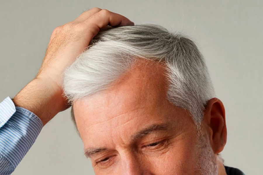 Uomo triste che si tocca i capelli bianchi 