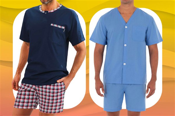 Modelli maschili con indosso due pigiami uomo estivi  su sfondo colorato