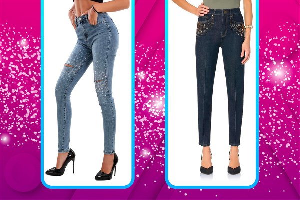 Due modelle con indosso jeans con strass da donna