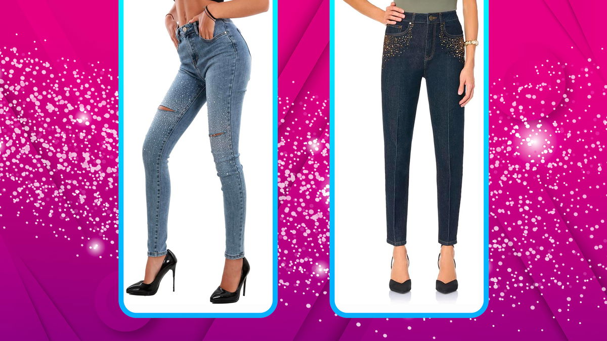 Due modelle con indosso jeans con strass da donna