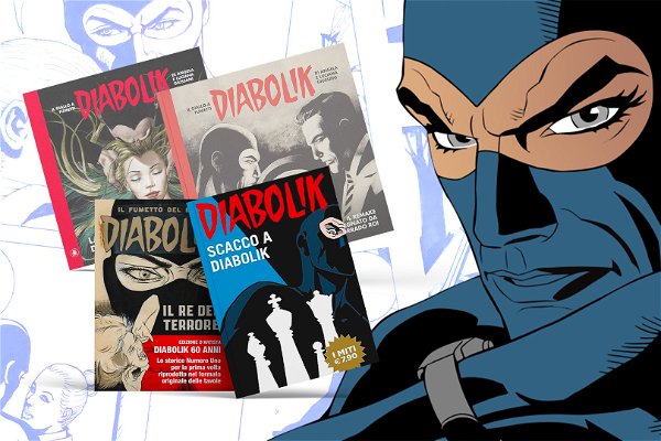 Fumetti Diabolik in primo piano e foto di Diabolik a destra