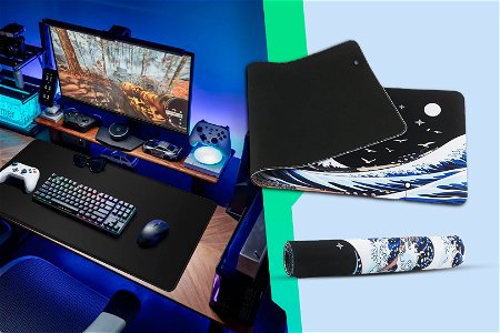 Foto di una scrivania da gamers con tappetino per mouse xxl