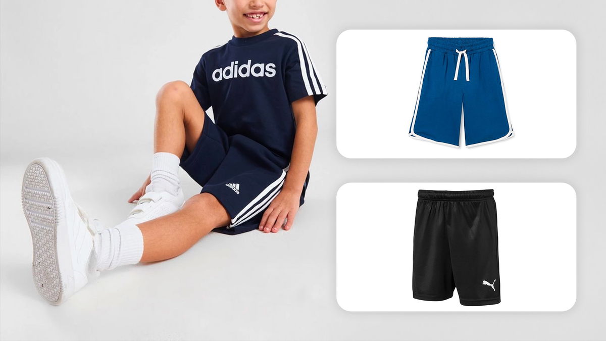 bambino che indossa tuta adidas e due pantaloncini resistenti