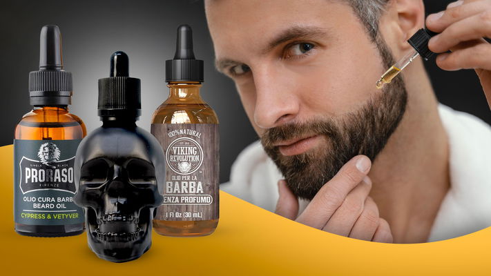 uomo con barba ispida che si mette olio da barba e migliori oli barba