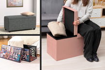 donna che usa pouf contenitore rosa e collage foto con altri due puof contenitori 