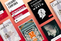 Luciano Canfora libri mockup sfondo rosso