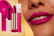 labbra con rossetto fucsia con migliori rossetti fucsia su sfondo dorato