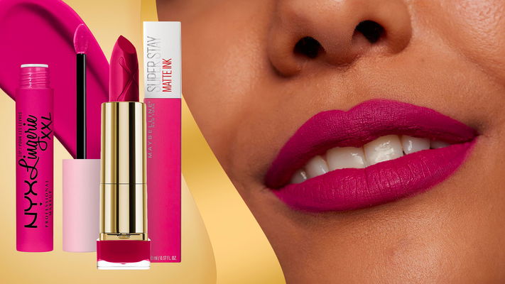 labbra con rossetto fucsia con migliori rossetti fucsia su sfondo dorato