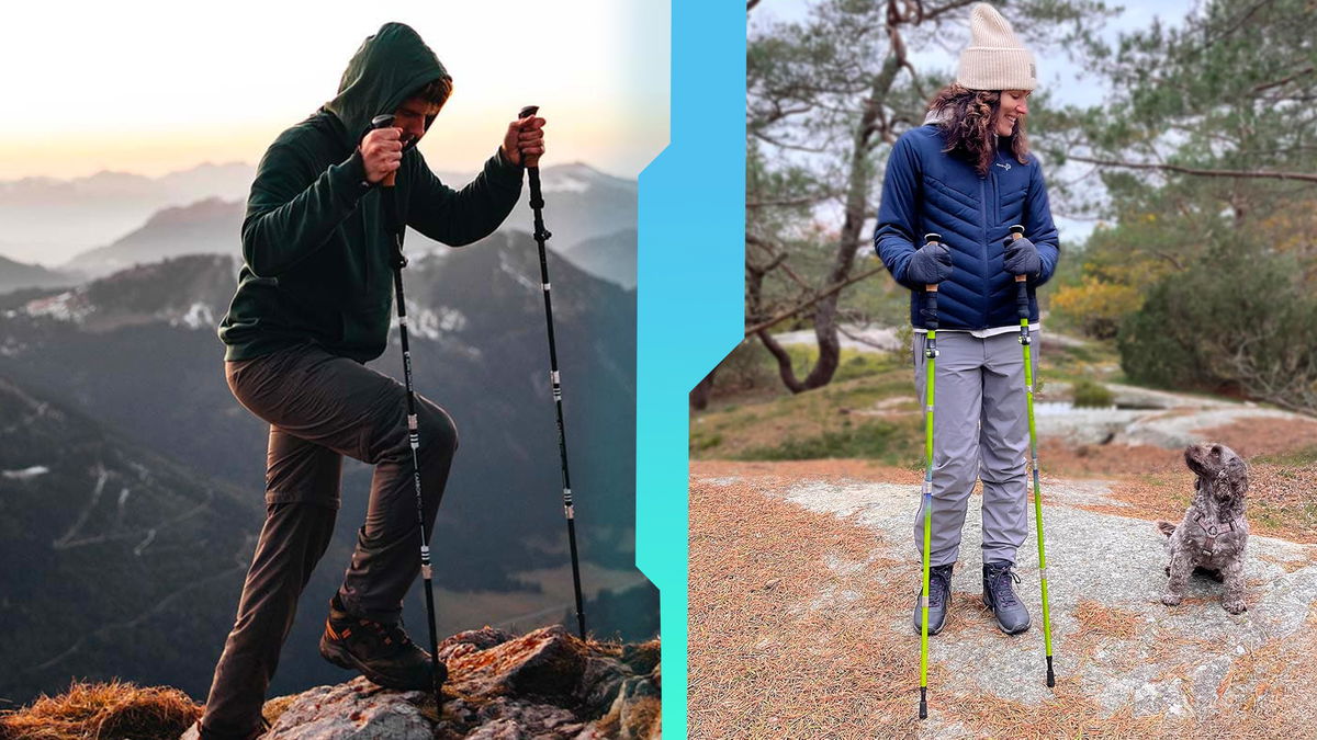 Due foto di persone che fanno trekking con i bastoni pieghevoli