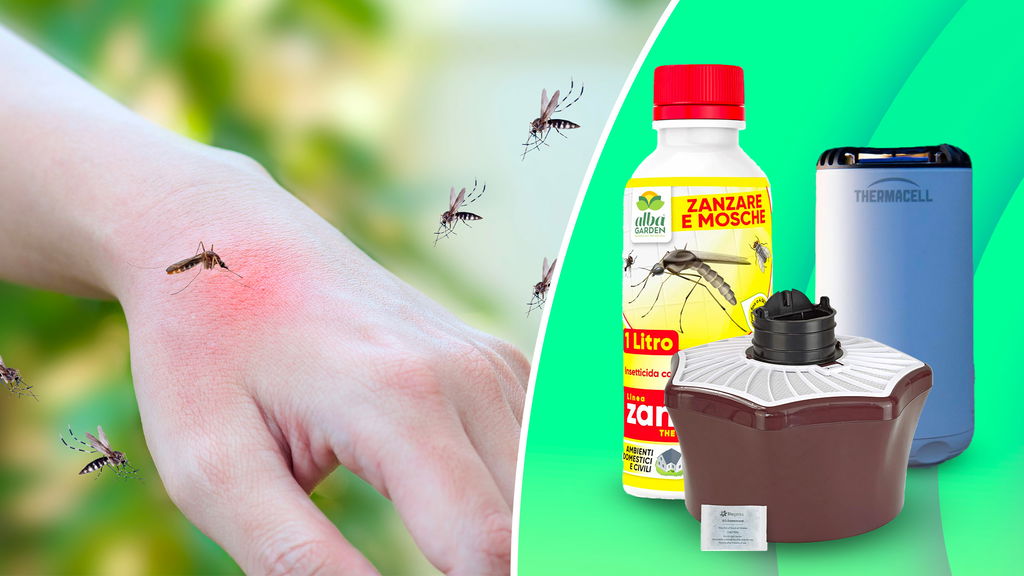 Foto di zanzare che mordono una mano all'esterno con i prodotti antizanzare in primo piano