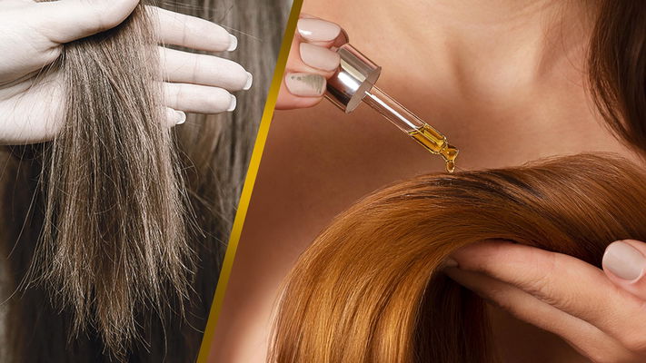 ciocca capelli sfibrati e olio ristrutturante con capelli sani