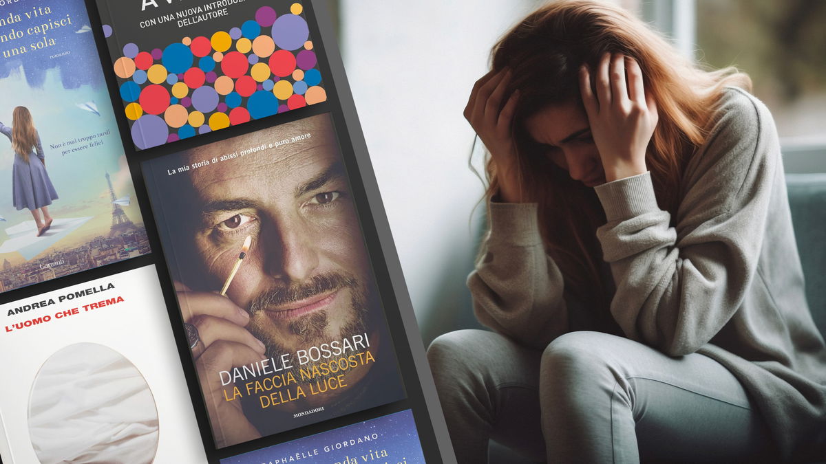 Copertine libri sulla depressione e foto di una donna depressa