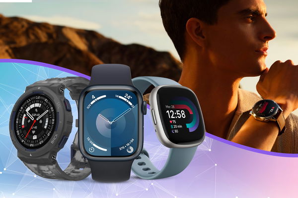 Smartwatch per uomo in primo piano e uomo con smartwatch nel polso