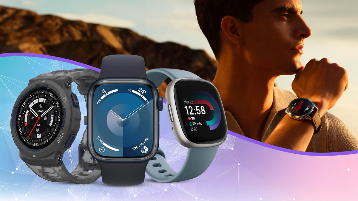 Smartwatch per uomo in primo piano e uomo con smartwatch nel polso