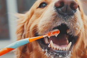 pulizia denti a golden retriever primo piano