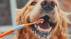 pulizia denti a golden retriever primo piano