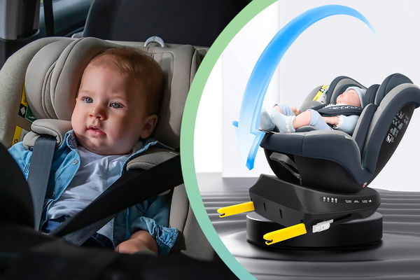 Foto di un bambino in auto con il seggiolino e foto di bambino nel seggiolino isofix in primo piano