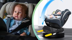 Foto di un bambino in auto con il seggiolino e foto di bambino nel seggiolino isofix in primo piano