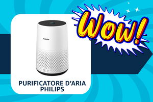 Purificatore d'aria Philips in primo piano e sfondo colorato blu con scritta wow